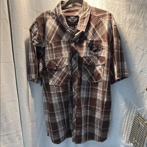 Harley-Davidson Brown and White Casual Plaid Shirt
